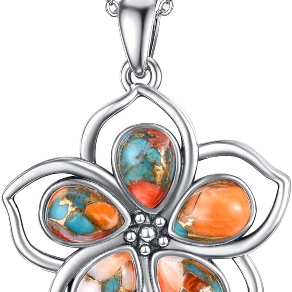 Silver Plated Flower Necklace Women Turquoise Coral Pearl Pendant Jewelry Gift